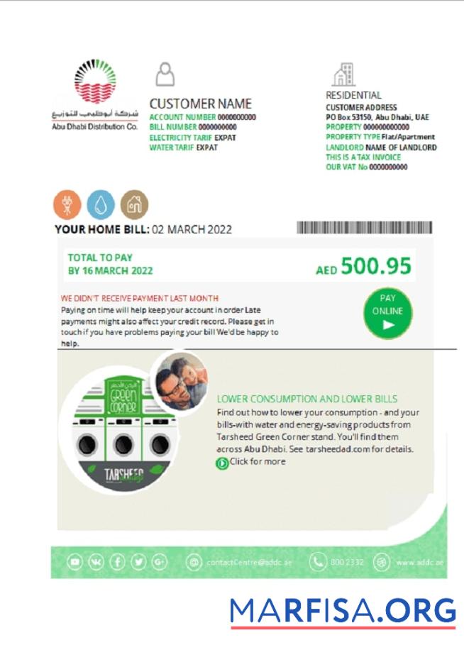 Downloadable UAE Abu Dhabi Distribution Co. utility bill template in Word and PDF format